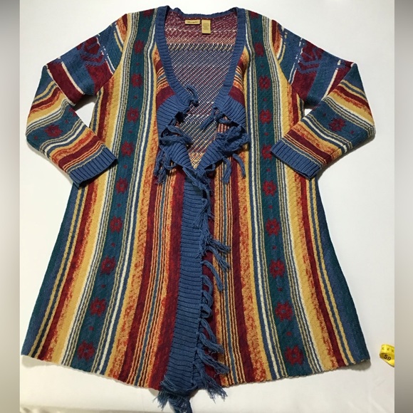 Wrangler Women's Open Front Aztec Print Blue and Multicolor Striped Cardigan - Picture 4 of 10